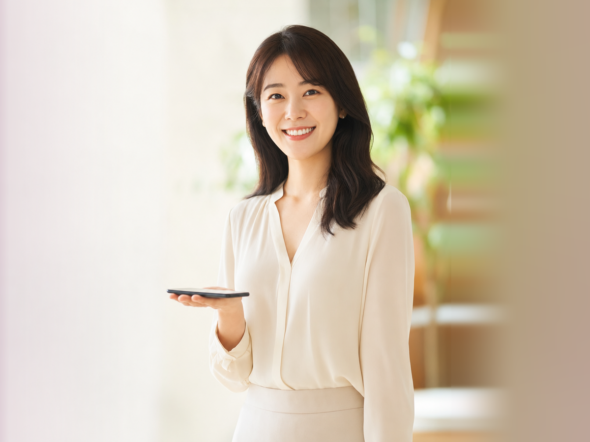 다음머니 신용카드깡 휴대폰을 손바닥에 올려 든 여성 고객